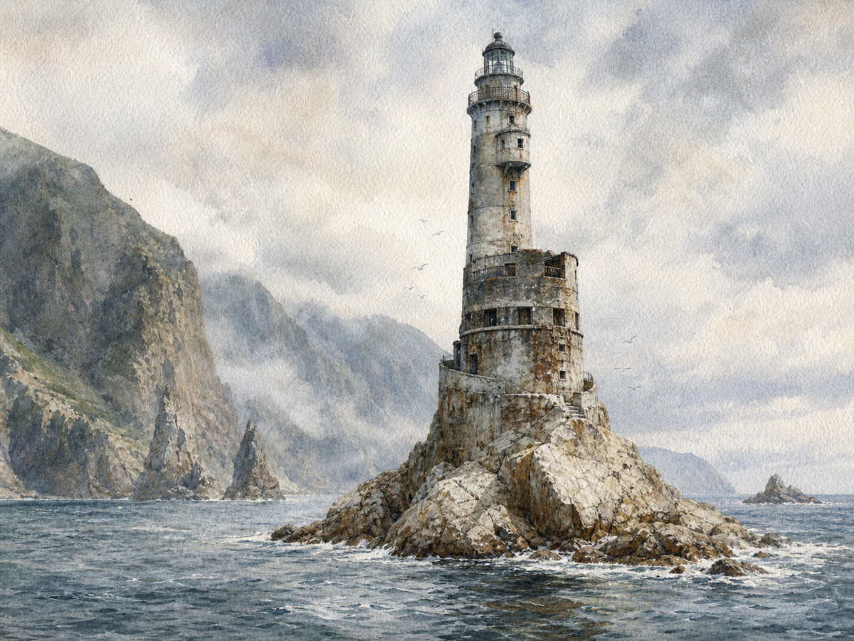 AI-generated interpretative watercolor of Aniva Lighthouse standing on a rock in misty dark water.