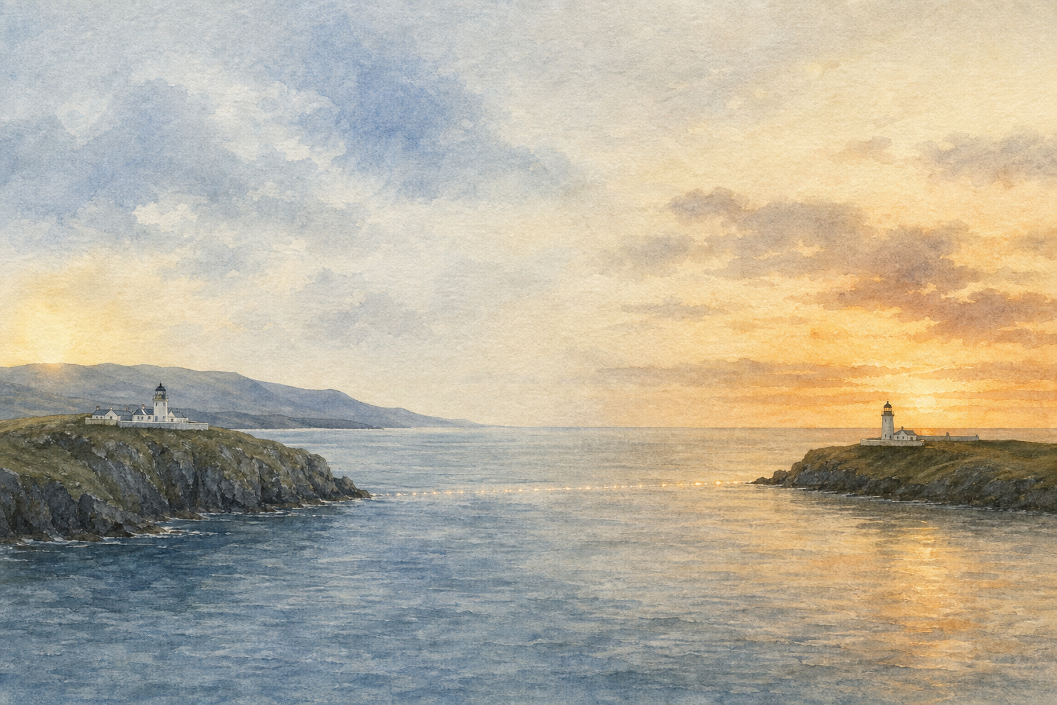 Conceptual watercolor placing Clare Island at sunrise and Achillbeg at sunset across open water to represent the 1965 transfer of navigational function.