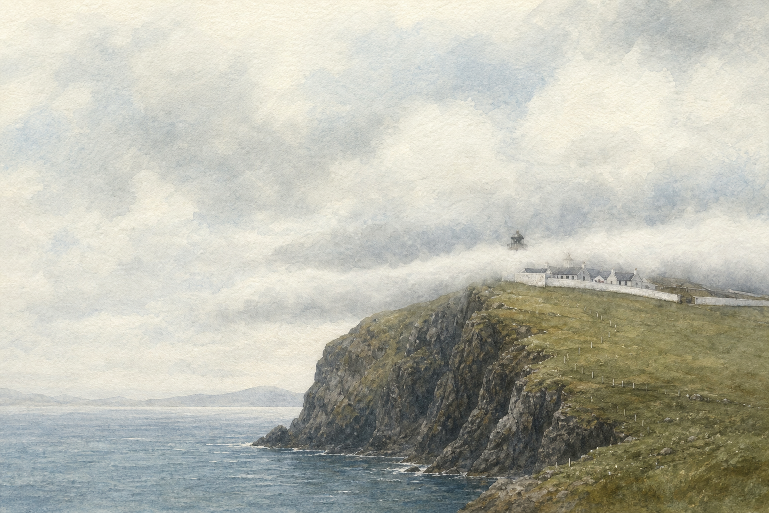 Interpretative watercolor of low Atlantic cloud hiding Clare Island Lighthouse at cliff height while the sea remains visible below.