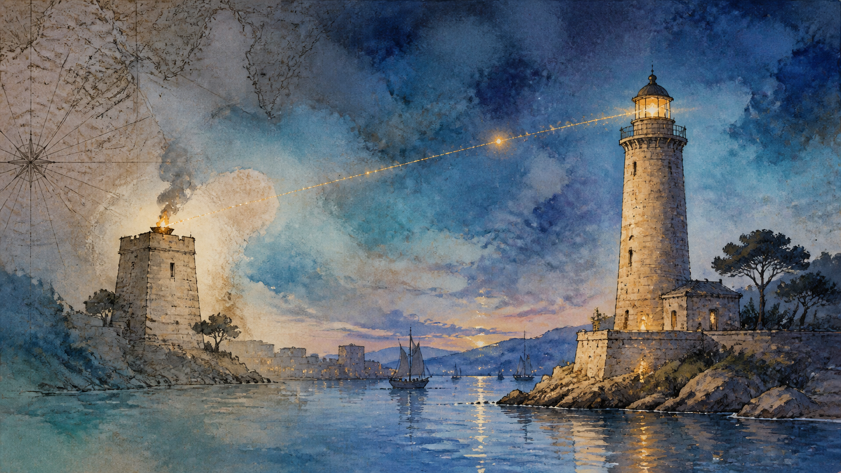 AI-generated conceptual watercolor of two distinct Portopí towers joined by a thread of light to explain transfer of navigational function.