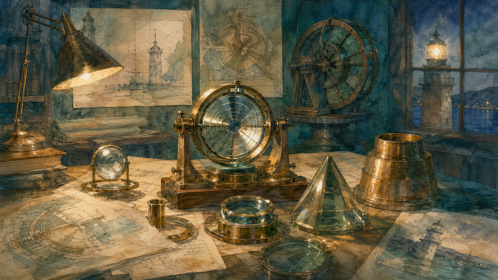 AI-generated interpretative watercolor of lighthouse optical mechanisms and archival plans in a study room.