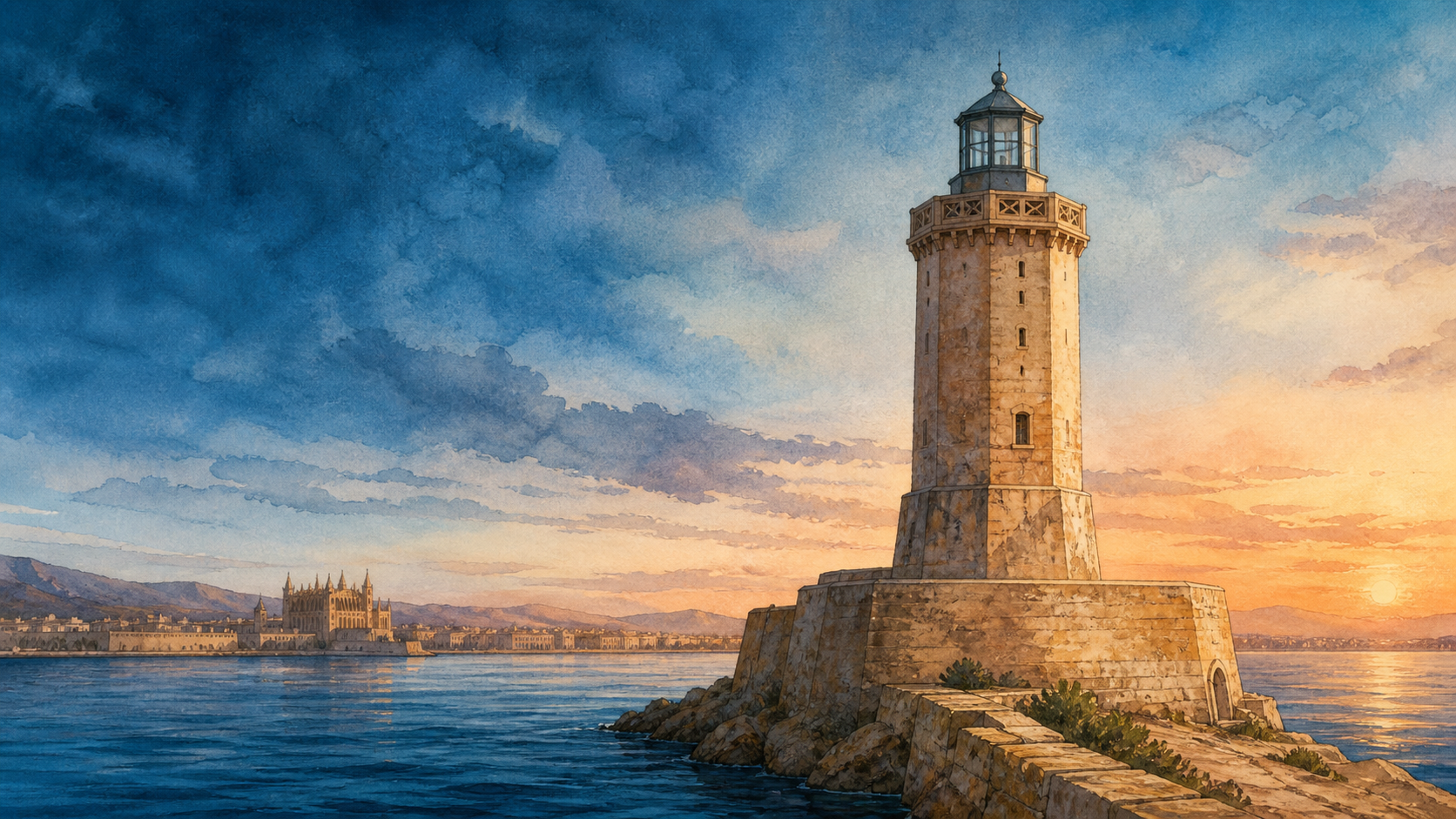 AI-generated interpretative watercolor of Portopí's present Signal Tower lighthouse above Palma harbour at dawn.