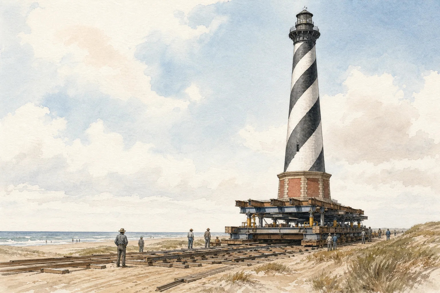 Cape Hatteras Lighthouse remains upright on a broad steel support system while engineers guide its controlled relocation near the coast.