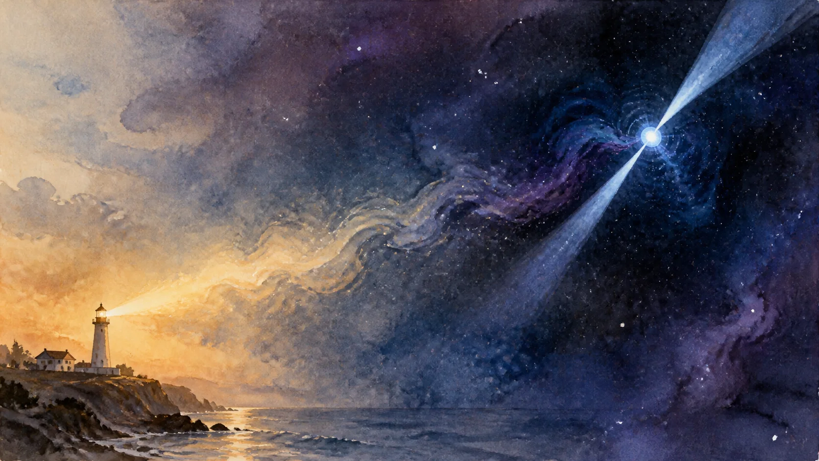 A coastal lighthouse beam crosses a watercolor sky toward a distant neutron star emitting two narrow beams in deep blue space.