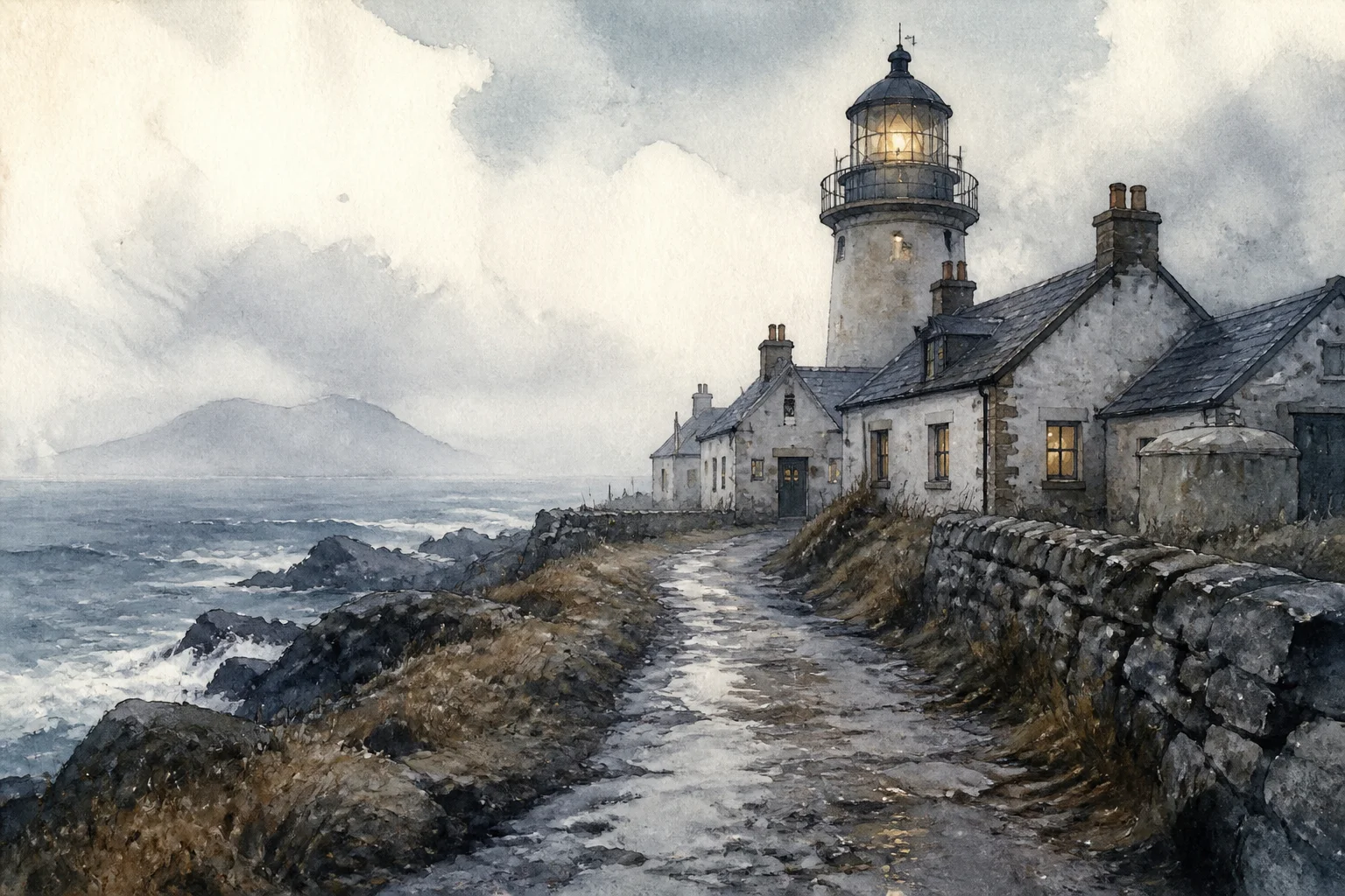 An empty wet path leads past stone lighthouse buildings on a remote island beneath a muted winter sky.