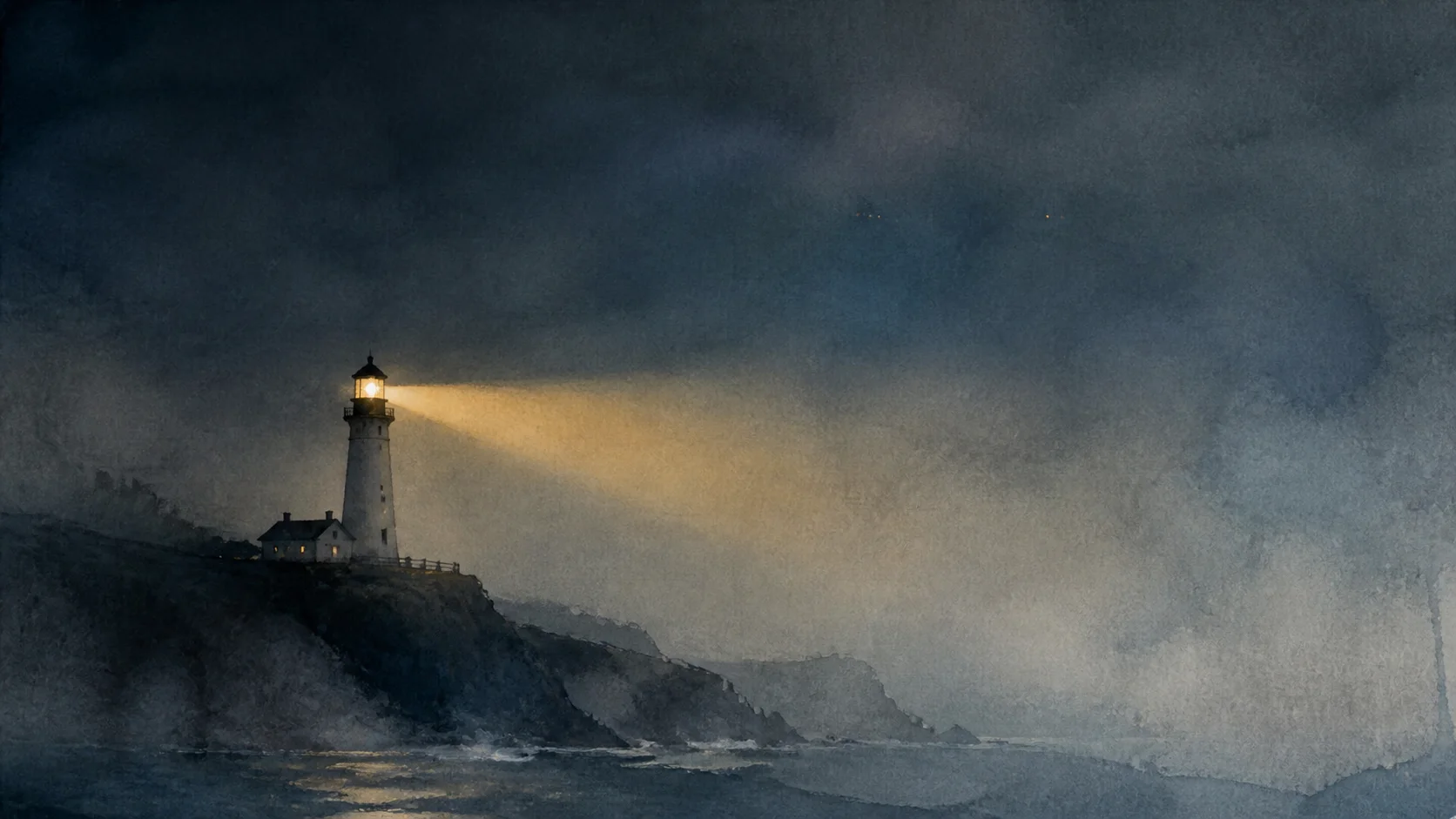 A solitary lighthouse sends a warm beam through dark blue-gray coastal mist while a few faint, ambiguous lights appear high in the sky.