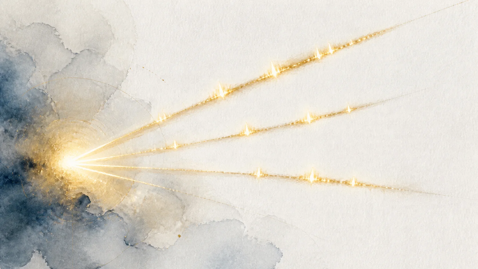 Several brief golden light pulses separate into different angles from a soft blue-gray luminous field.