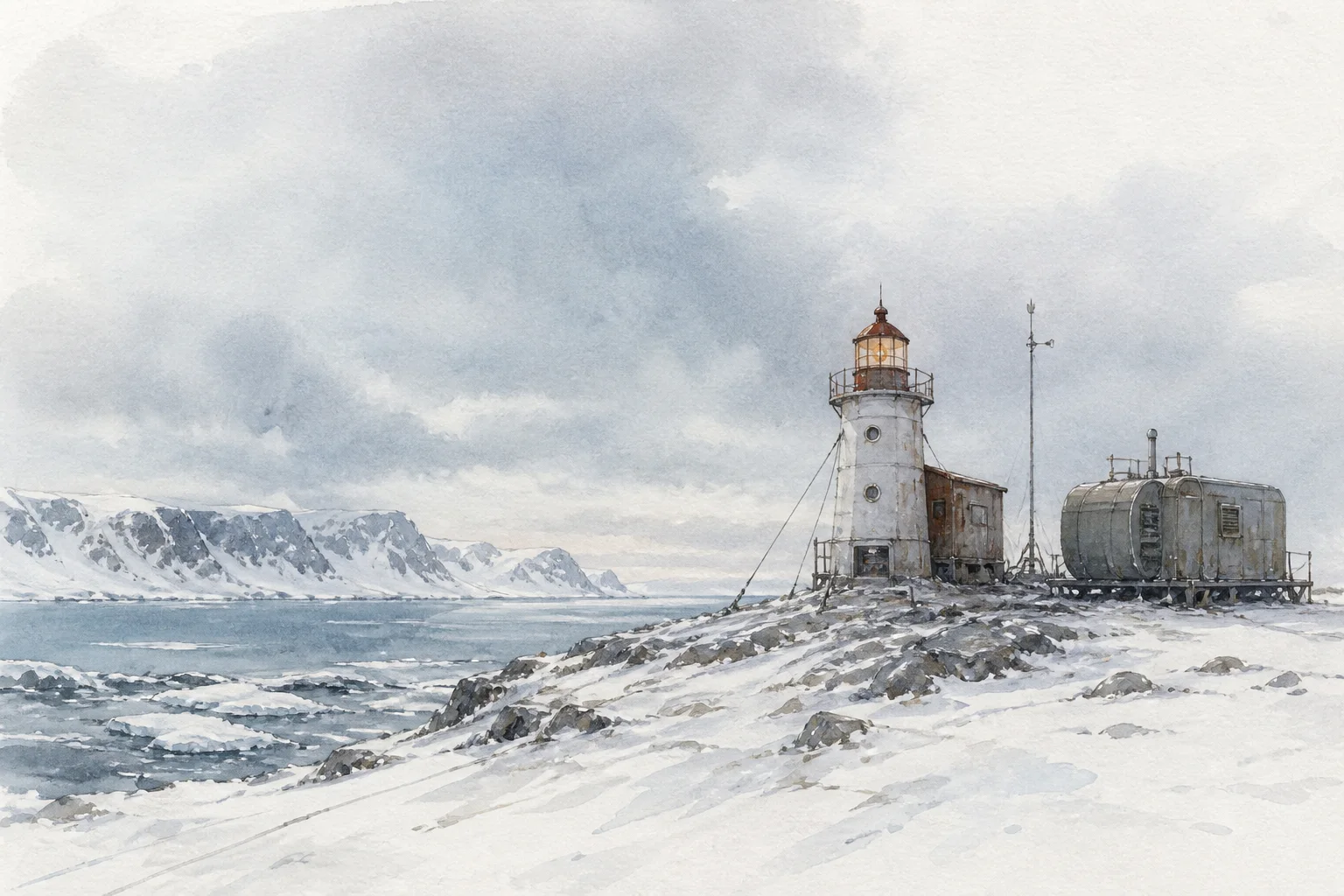 A small lighthouse and rugged technical power unit stand on a snowy Arctic coast beneath a pale sky.